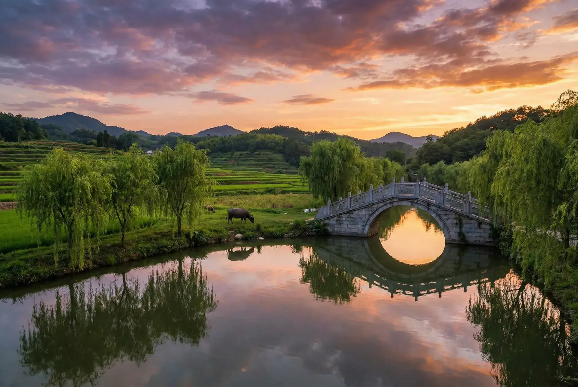 夕阳下的石拱桥与垂柳，水牛在河边吃草 - 888奇米影视四色 乡村美景